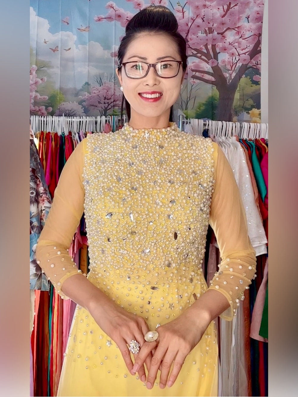 Ao dai chiffon 4 tà Vietnamese women’s traditional long dress set 2 m yellow 🎁